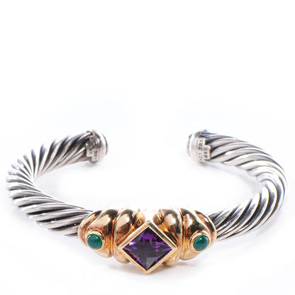 David Yurman Sterling Silver 14k Yellow Gold Amethyst and Green Onyx 7mm Cable Cuff 1 of 5