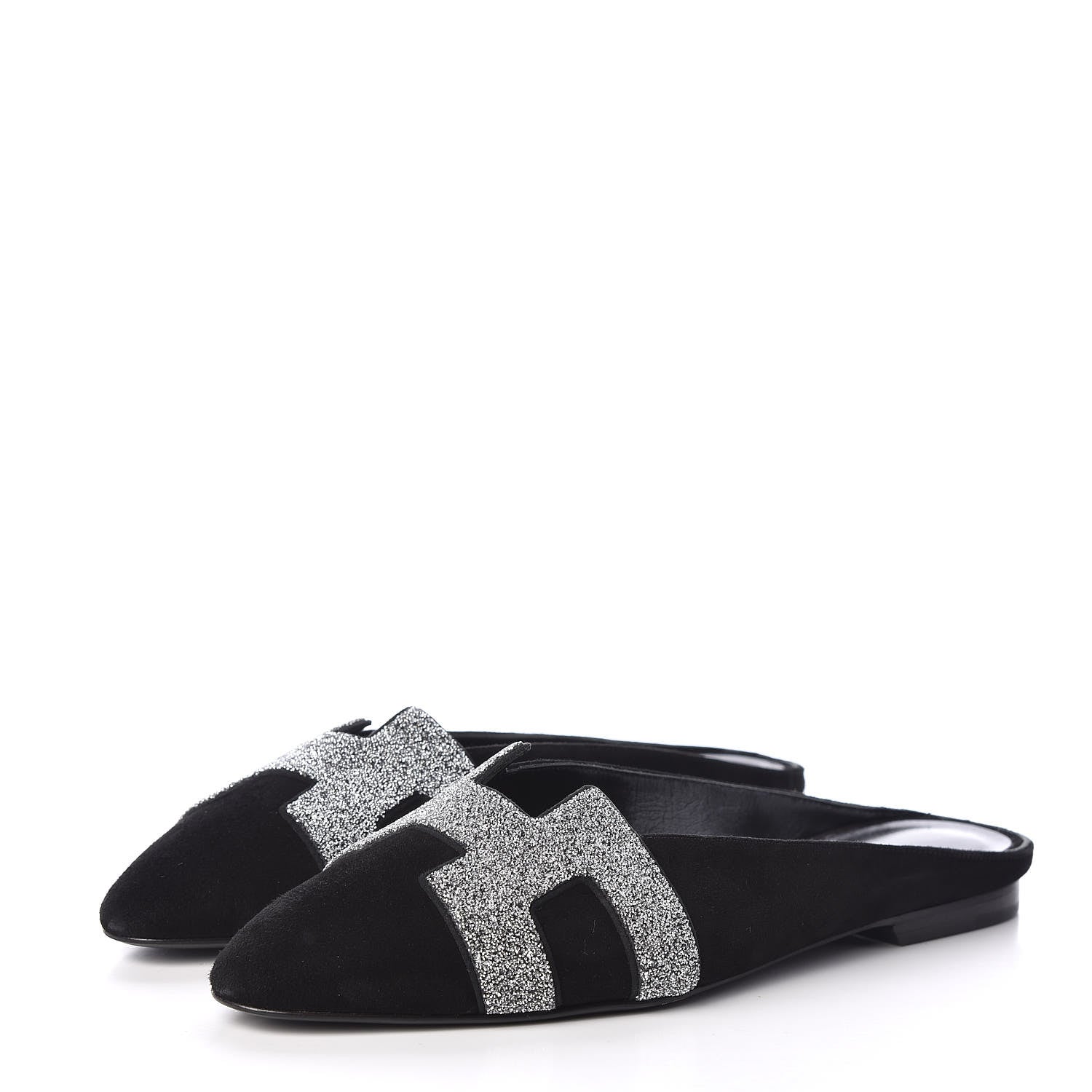 Hermes Suede Goatskin Crystal Roxane Mules 37 Gris Argente Black 3 of 6