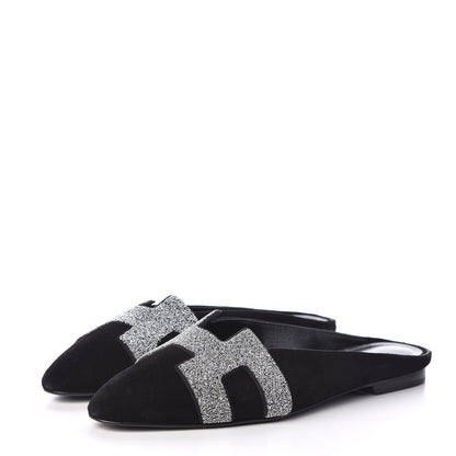 Hermes Suede Goatskin Crystal Roxane Mules 37 Gris Argente Black 3 of 6