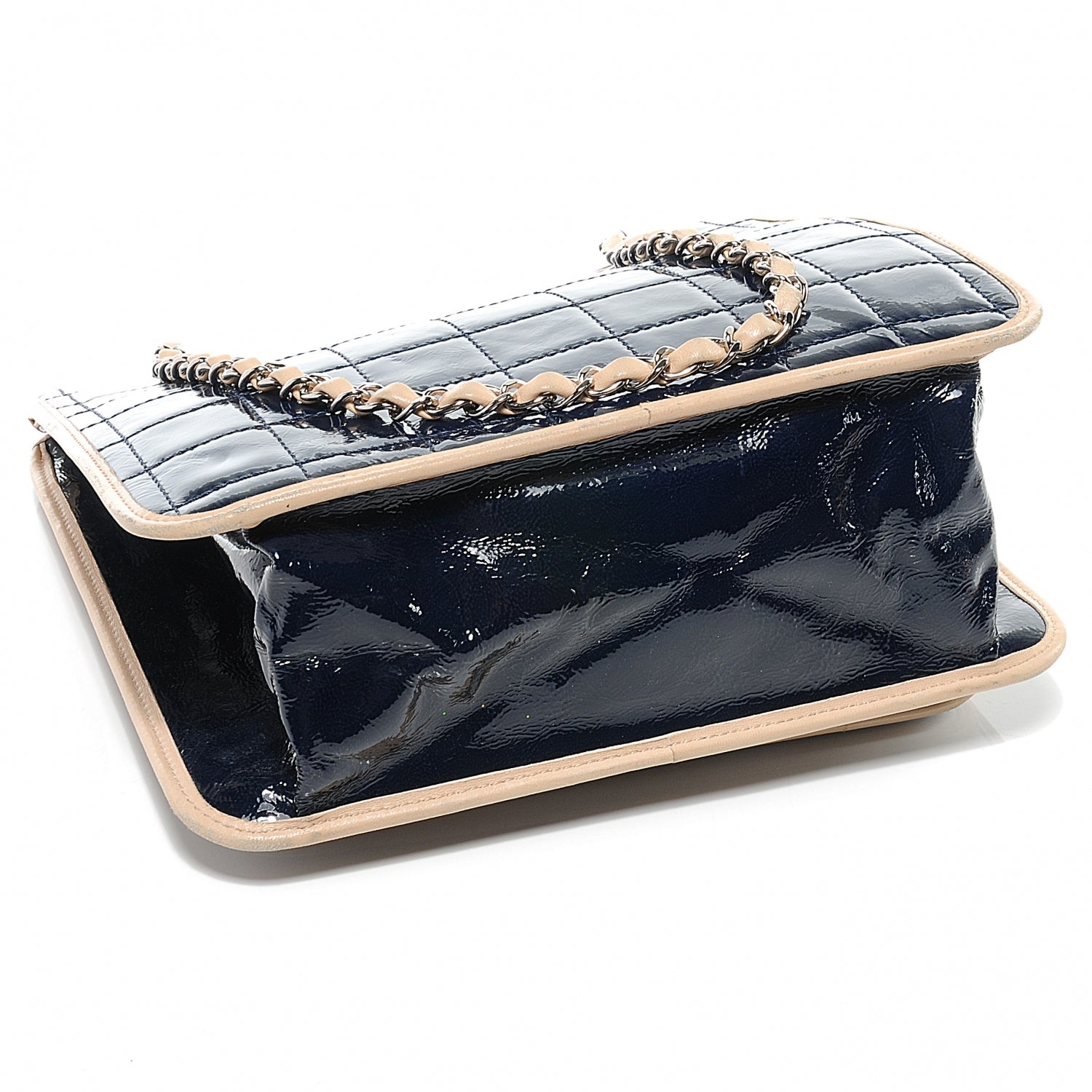 Chanel Patent Chocolate Bar Quilted Tote Navy Beige 8 of 8