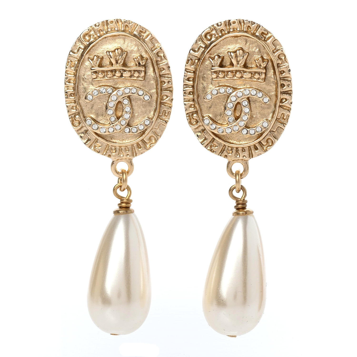 Chanel Crystal Pearl Crown CC Drop Earrings Gold 1 of 4