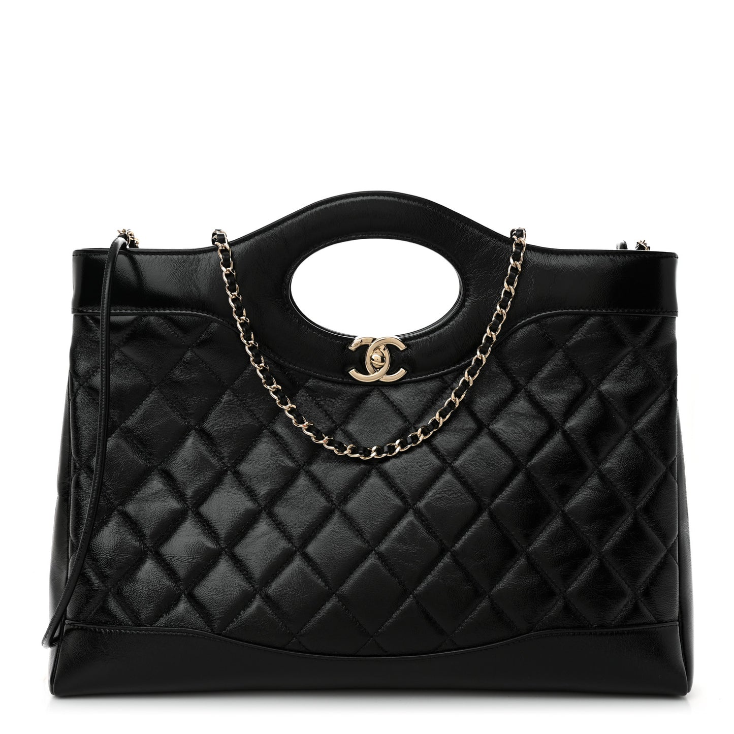 Shiny Lambskin Quilted 31 Shopping Bag Black