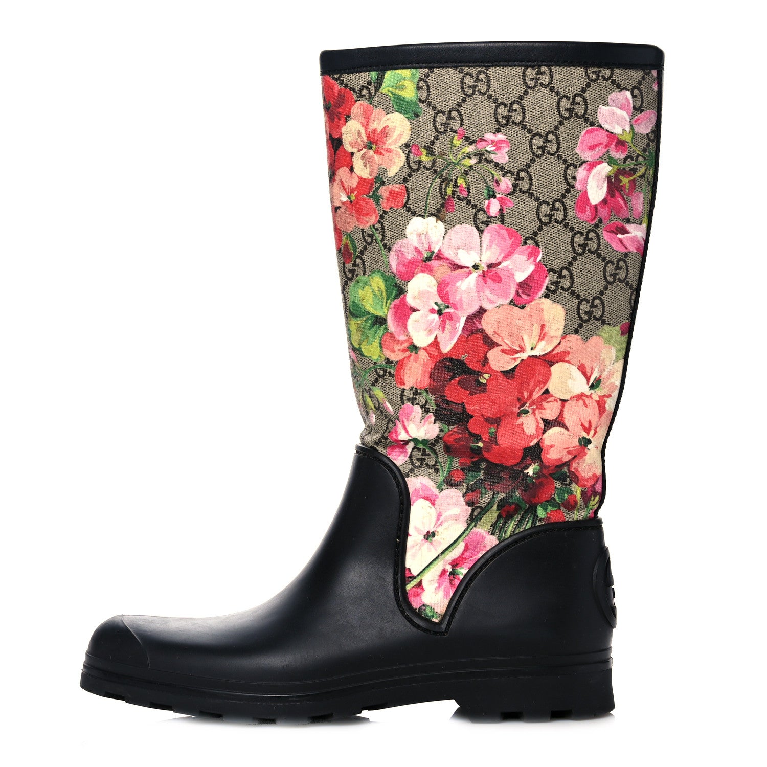 Gucci GG Supreme Monogram Blooms Flat Rubber Boots 37 Beige Multicolor 1 of 12
