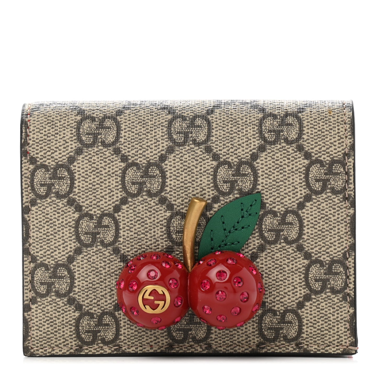GG Supreme Monogram Cherry Embellished Card Case Wallet Hibiscus Red
