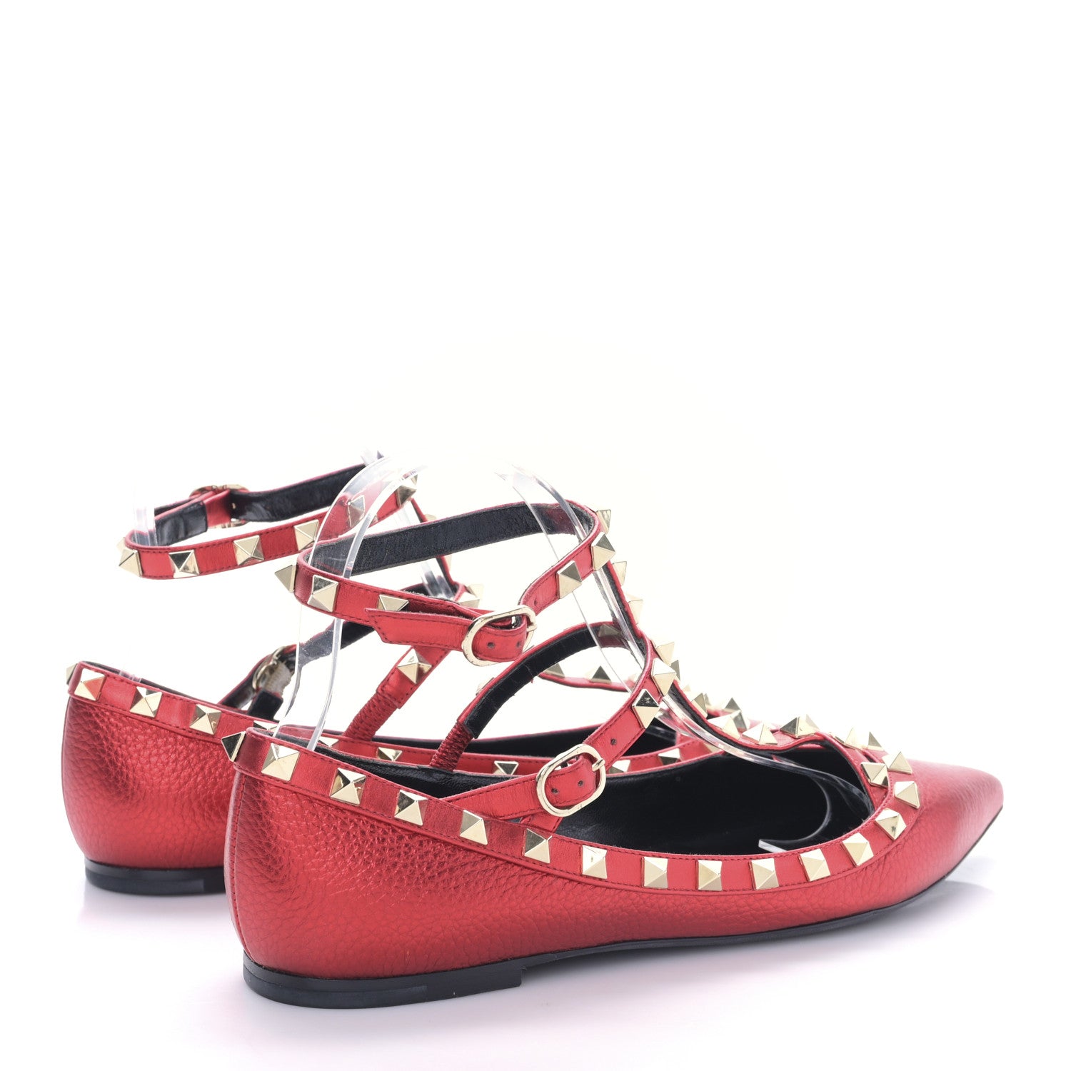 Valentino Garavani Metallic Pebbled Calfskin Rockstud Cage Ballerina Flats 38 Rosso Valentino 4 of 9