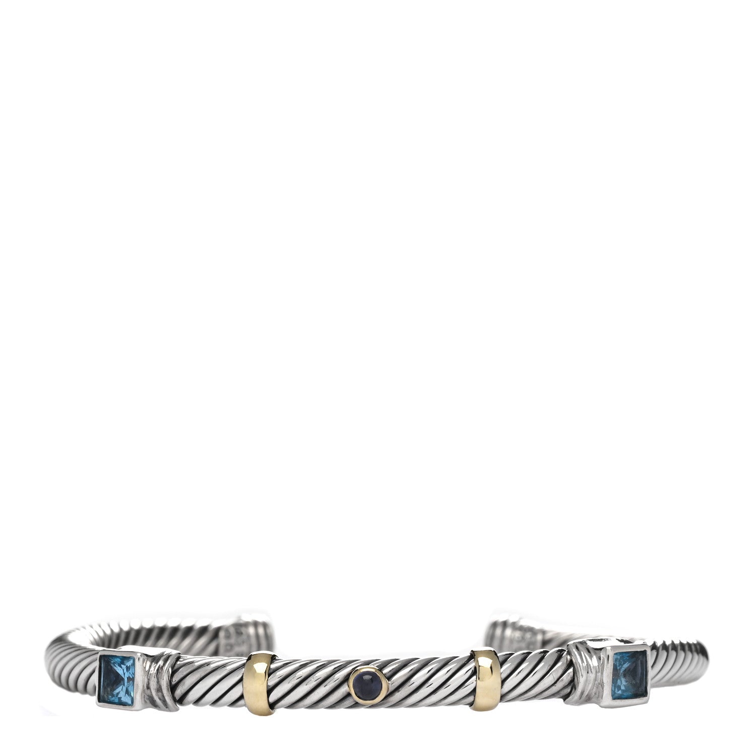 David Yurman Sterling Silver 14K Yellow Gold Blue Topaz Iolite 5mm Cable Renaissance Cuff Bracelet 1 of 3