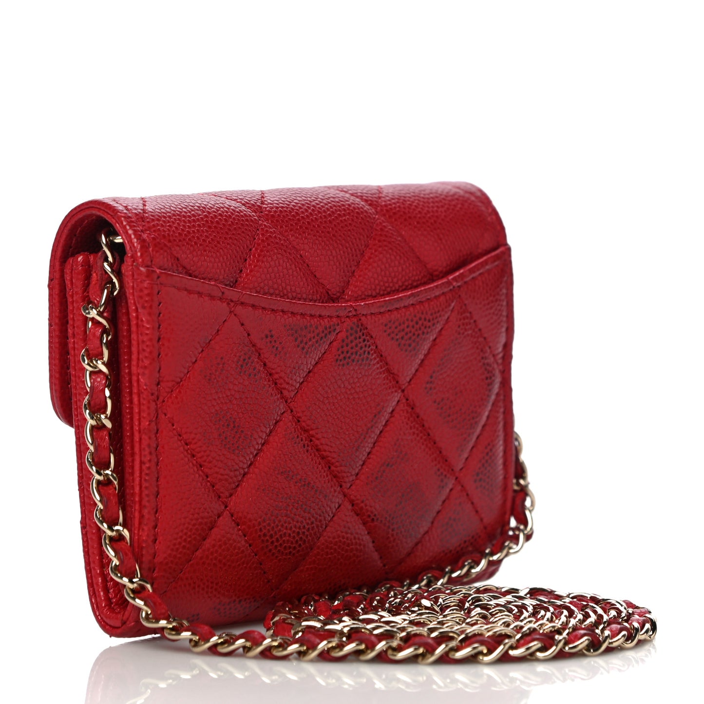 Caviar Quilted Flap Card Holder On Chain Red