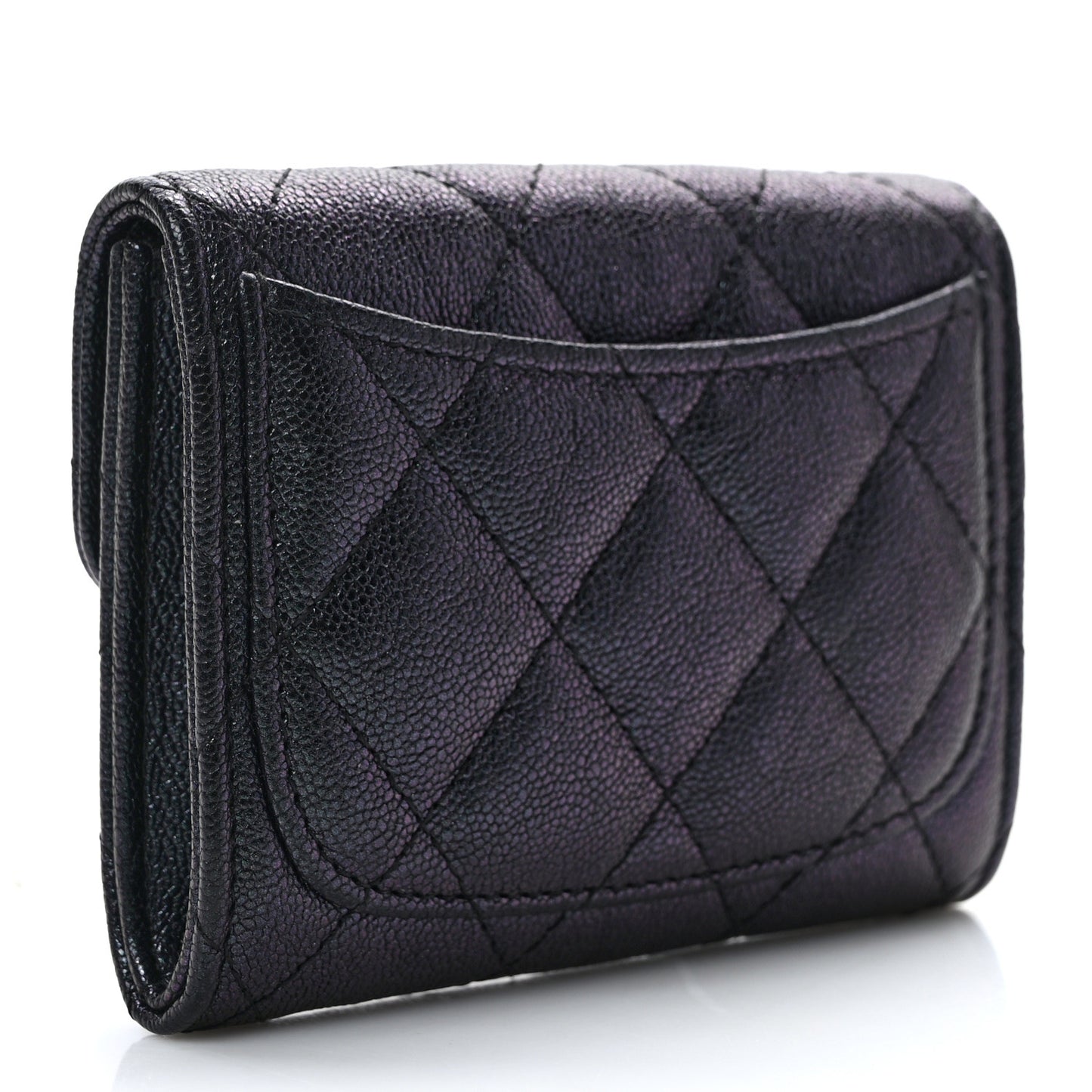 Iridescent Caviar Quilted Flap Card Holder Wallet Black