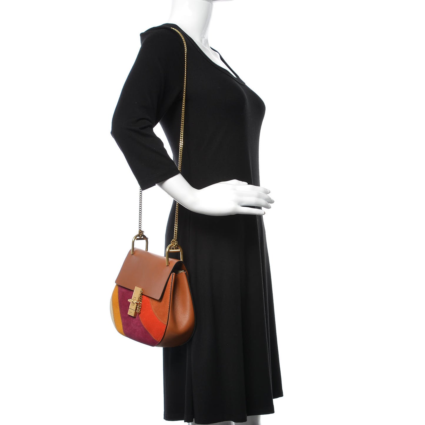 Calfskin Suede Rainbow Patchwork Drew Shoulder Bag Caramel