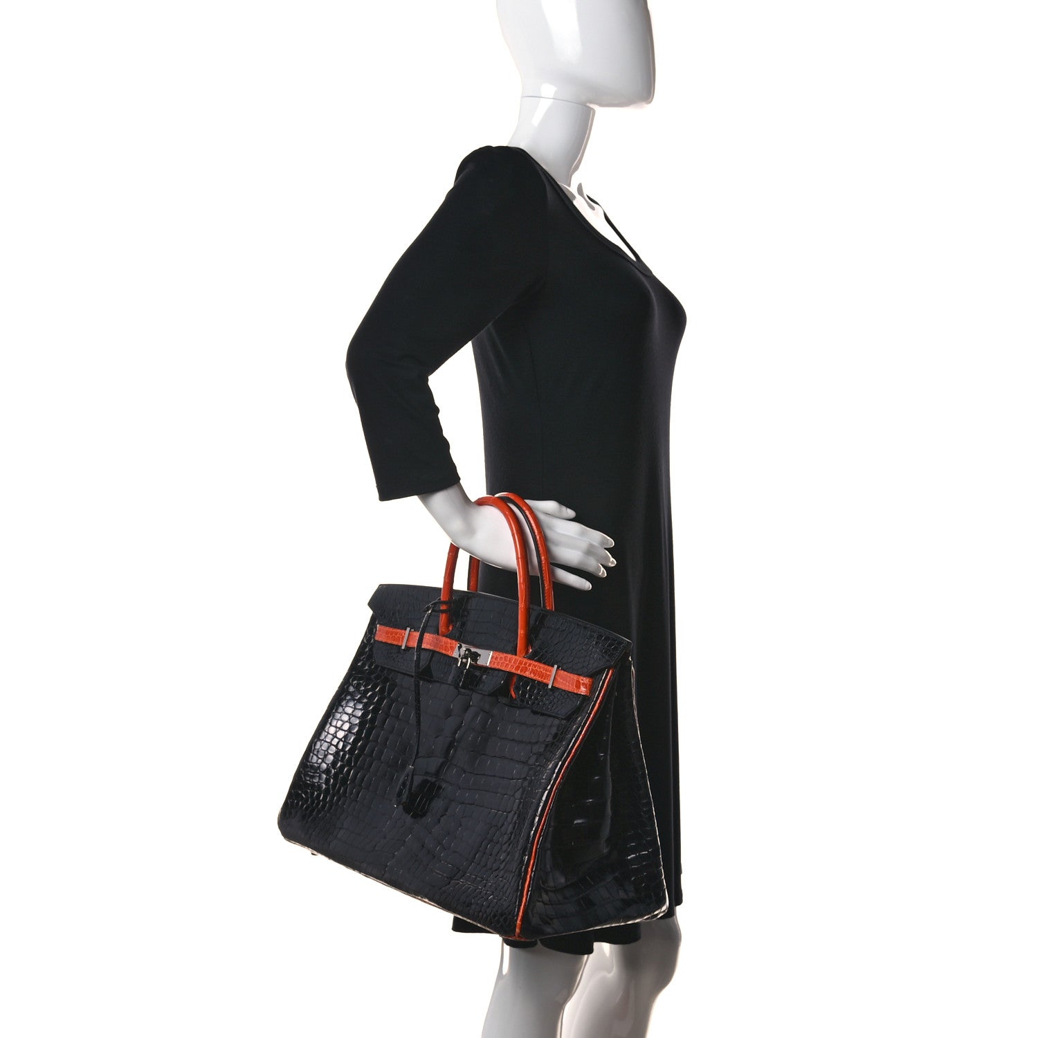 Hermes Shiny Porosus Crocodile Birkin 40 Black Orange 3 of 43