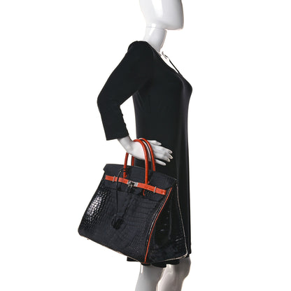 Hermes Shiny Porosus Crocodile Birkin 40 Black Orange 3 of 43