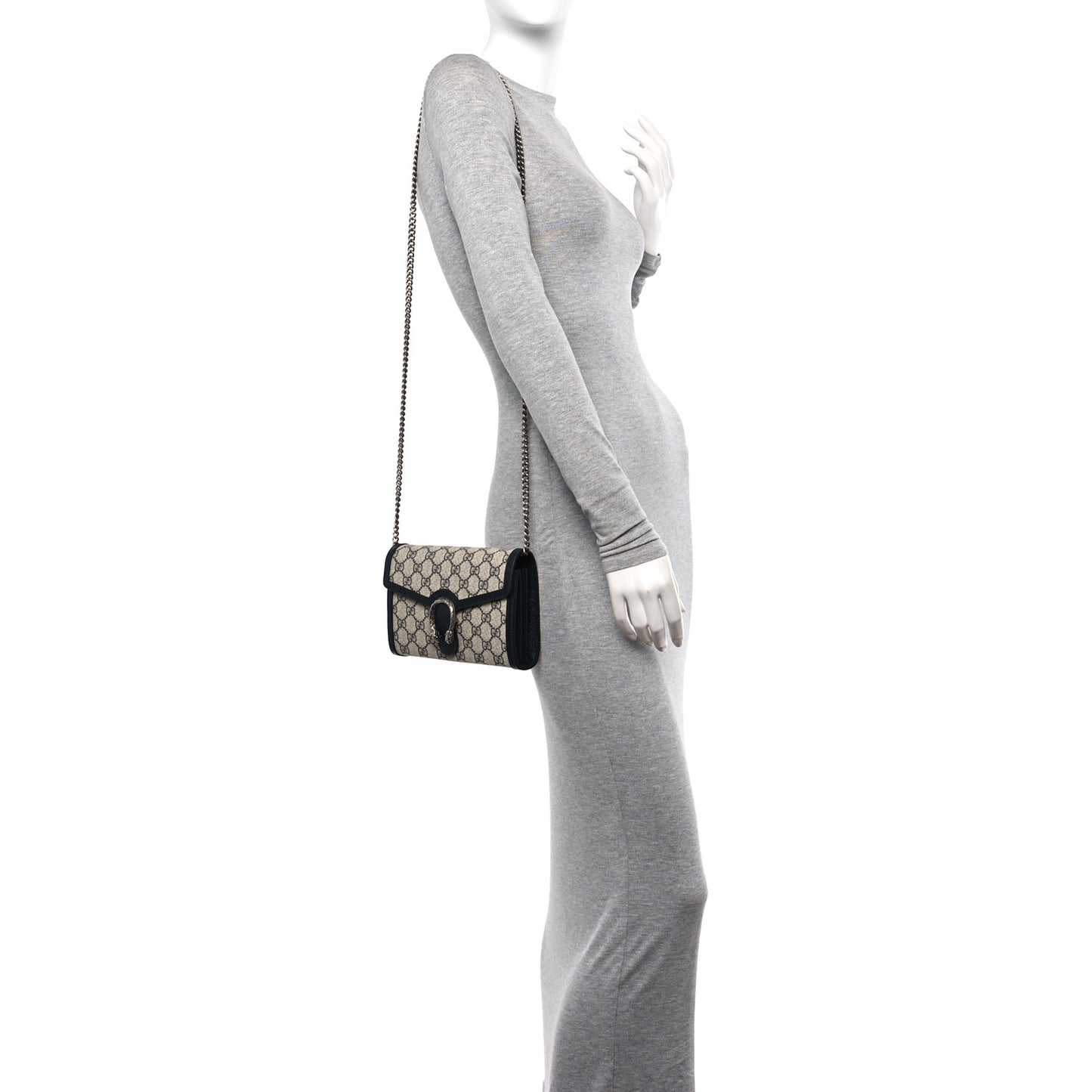 GG Supreme Monogram Textured Dollar Calfskin Mini Dionysus Chain Wallet Beige Blue