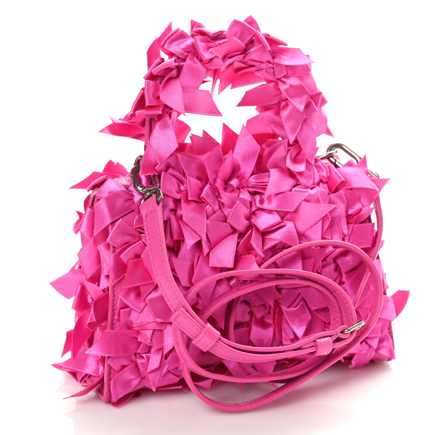 Satin Bow Embellished Hourglass Top Handle Bag XS Fuchsia