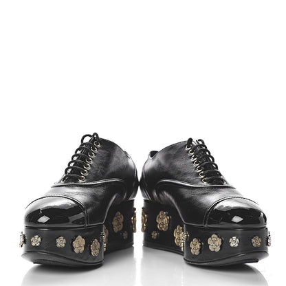 Chanel Crumpled Calfskin Lace Up Platform Oxford 37.5 Black 10 of 11