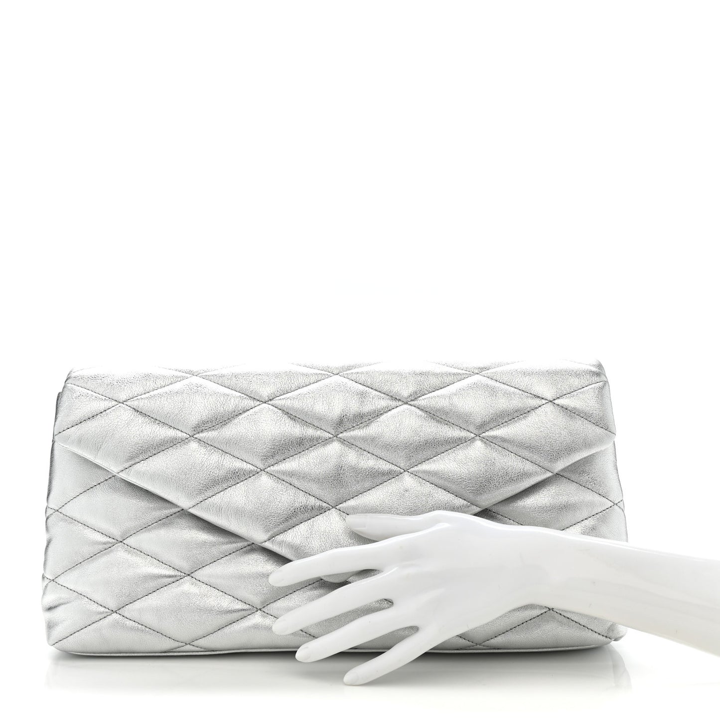 Metallic Lambskin Quilted Sade Puffer Envelope Clutch Argento