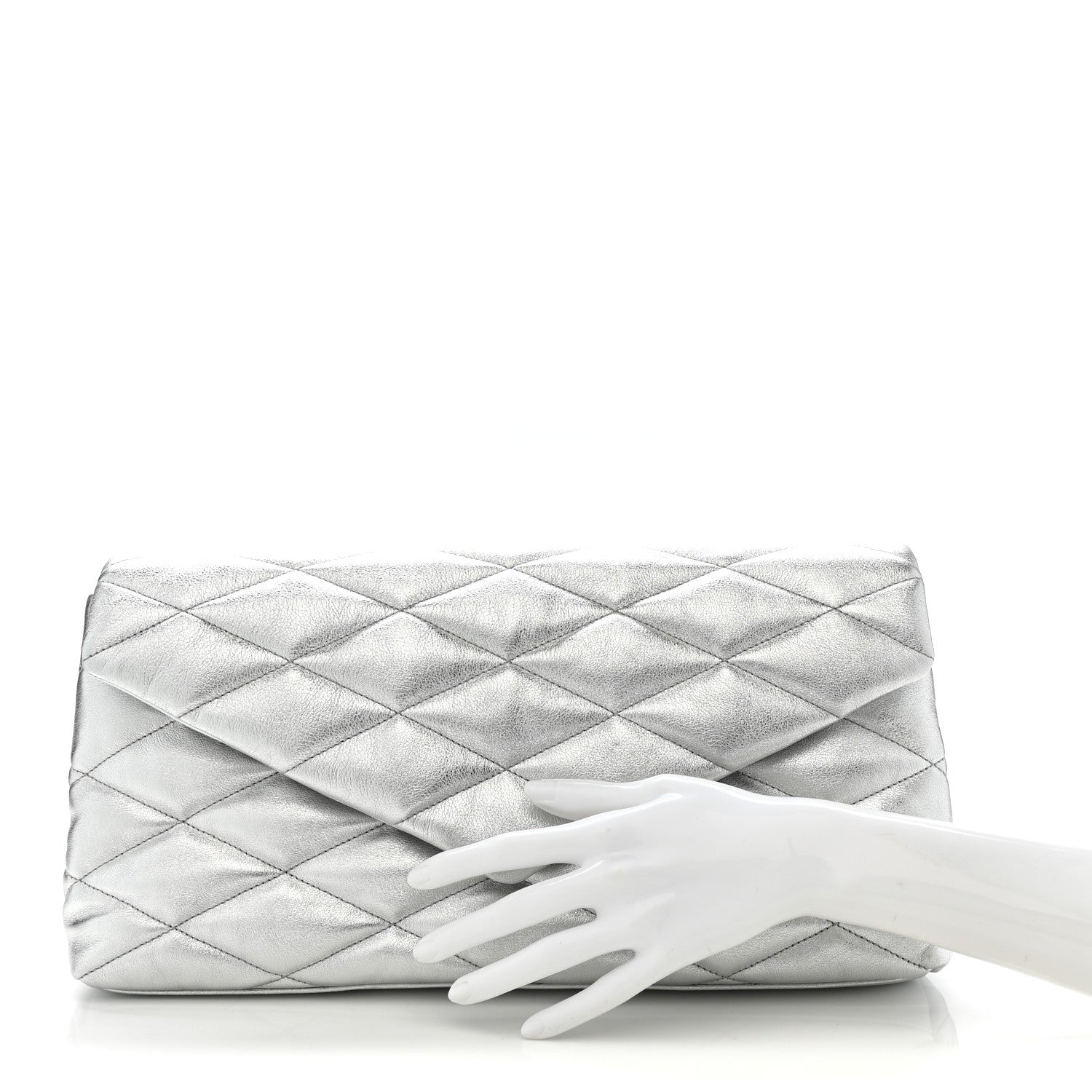 Saint Laurent Metallic Lambskin Quilted Sade Puffer Envelope Clutch Argento 2 of 7