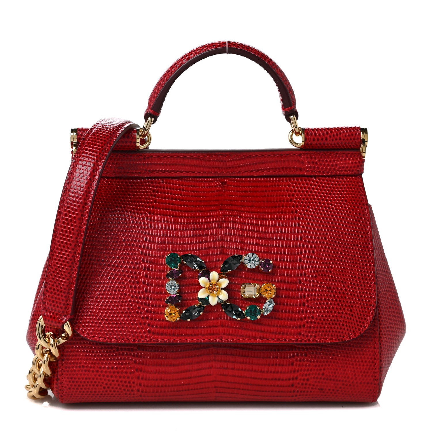 Dolce & Gabbana Stampa Iguana Crystal Mini Miss Sicily Satchel Red 1 of 7