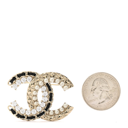 Chanel Lambskin Pearl Crystal Quilted CC Brooch Black Gold 2 of 3