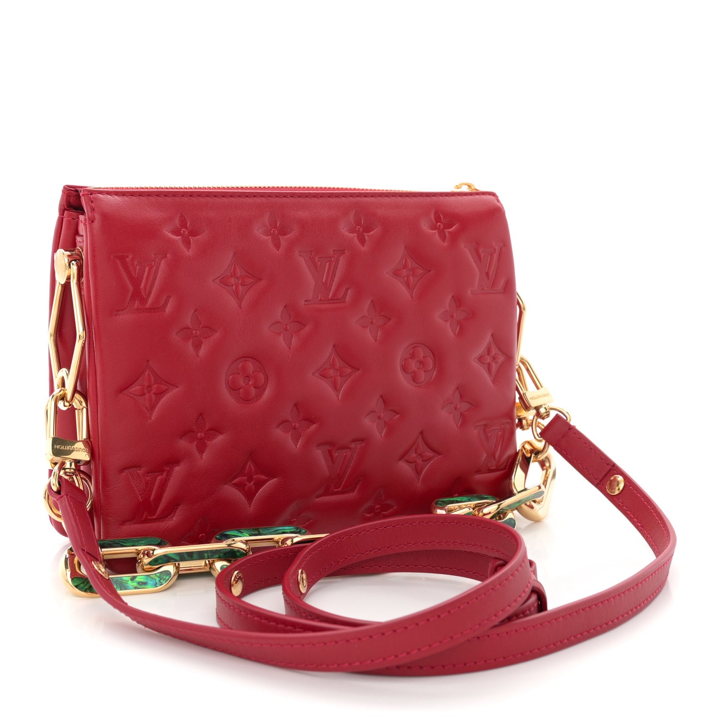 Mother of Pearl Lambskin Embossed Monogram Coussin BB Red Green