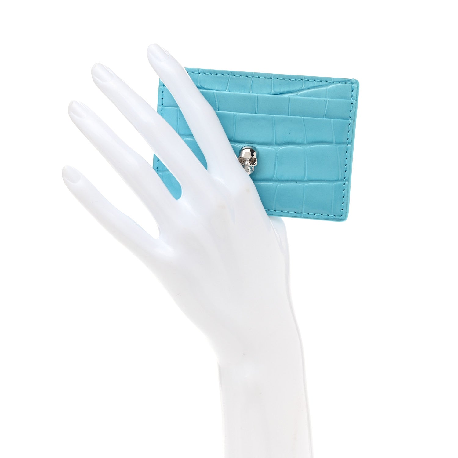 Alexander McQueen Calfskin Crocodile Embossed Skull Card Holder Cerulean 2 of 7