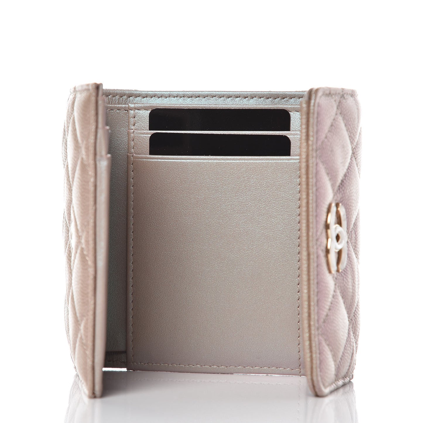 Iridescent Caviar Quilted Small Flap Wallet Beige