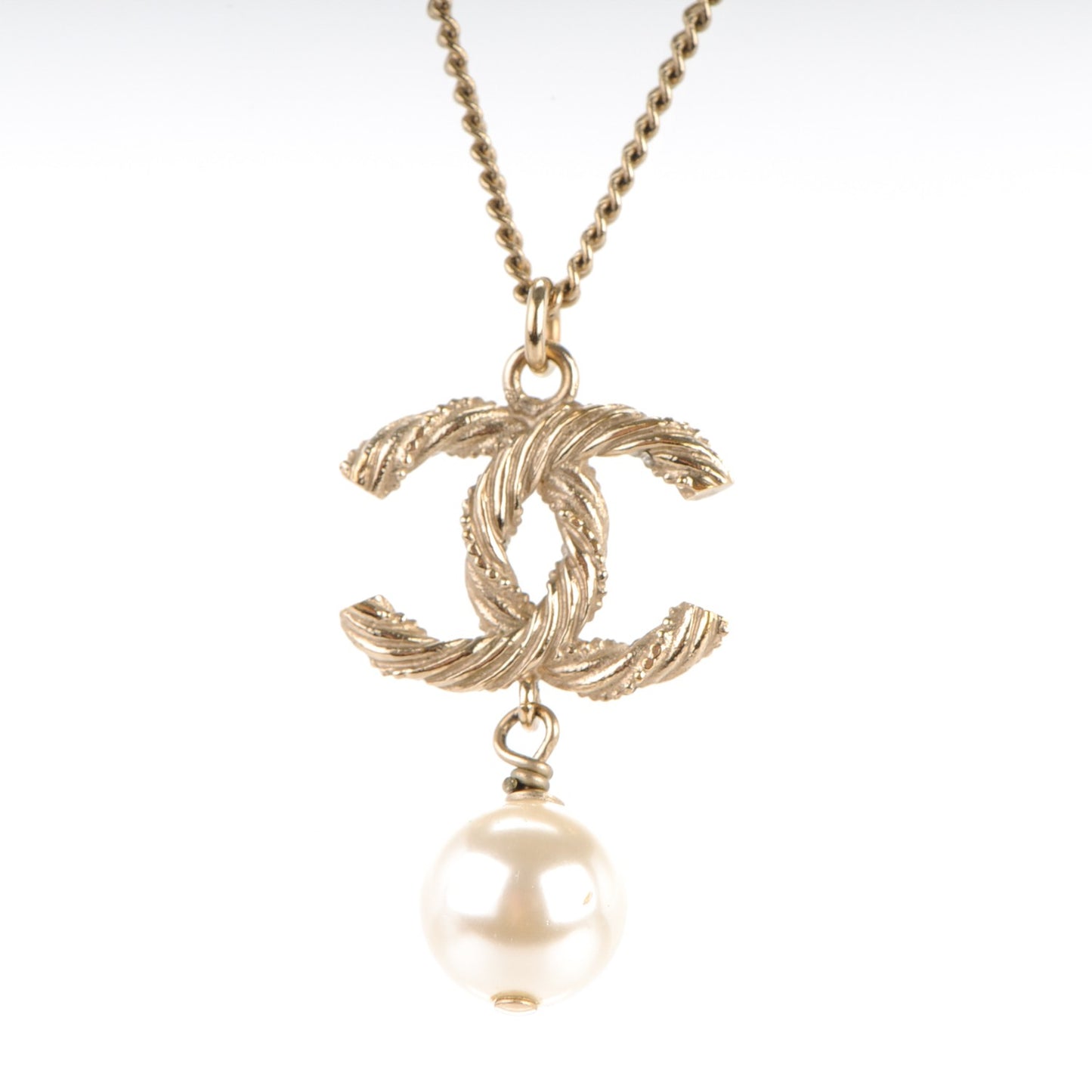 Pearl Crystal Twisted CC Drop Necklace Gold