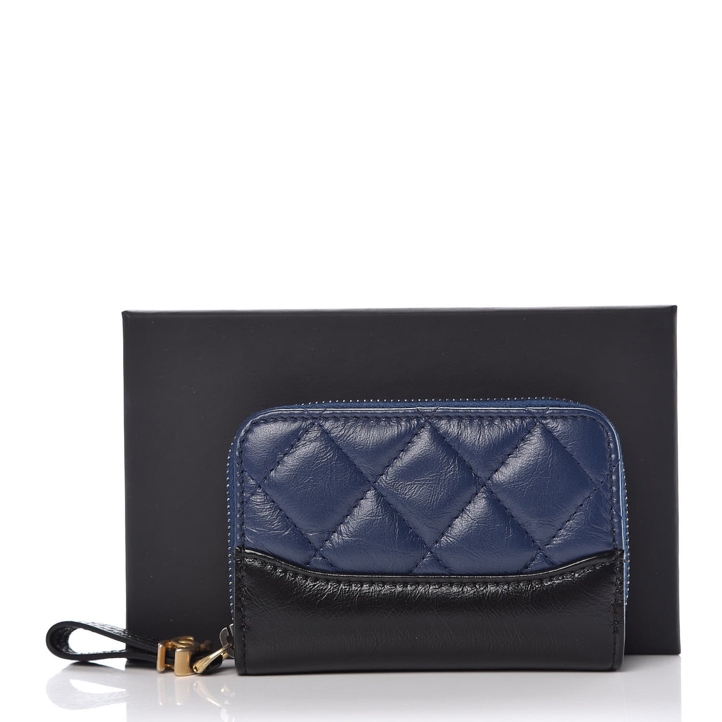 Aged Calfskin Quilted Gabrielle Zip Around Coin Purse Wallet Blue Black