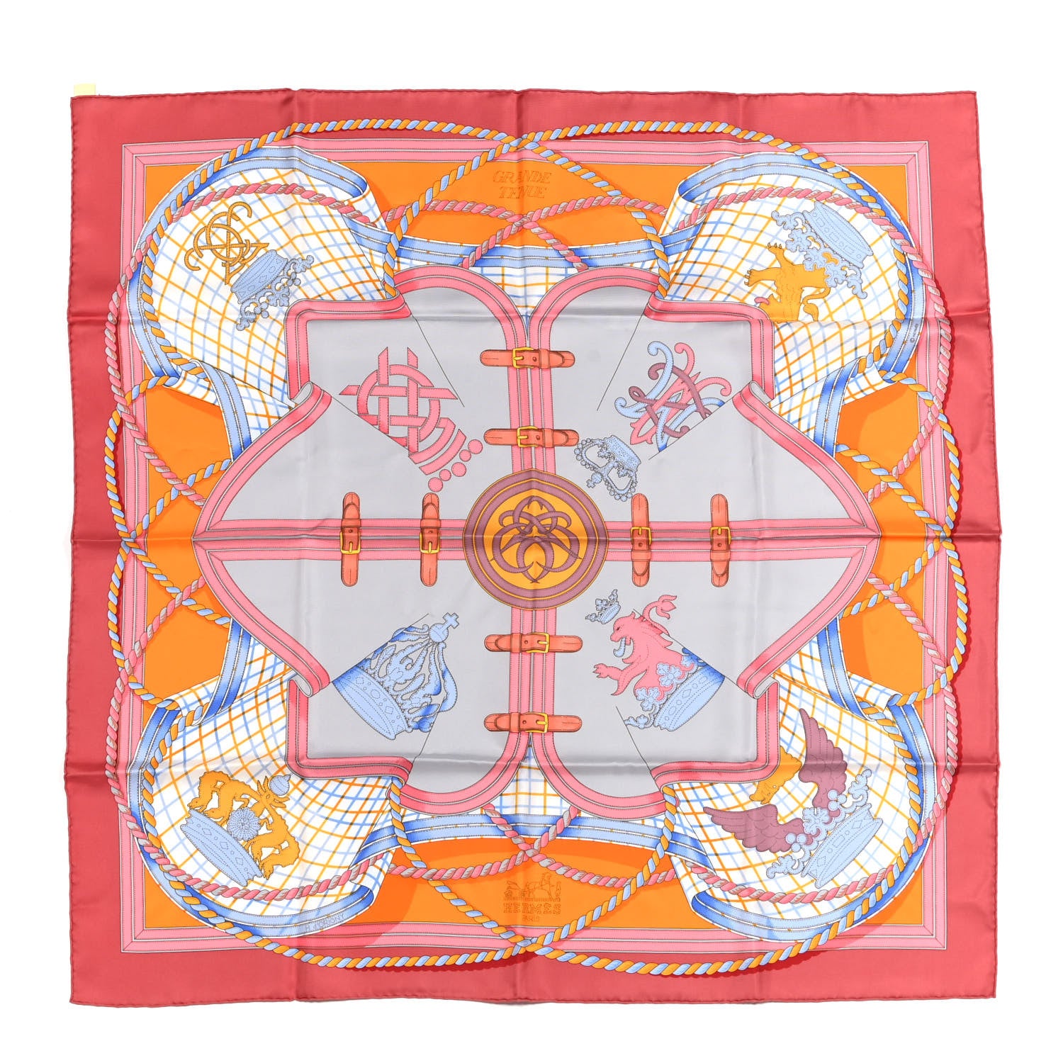 Hermes Silk Grande Tenue Scarf 90 Corail Gris Perle Bouton D'Or 1 of 6