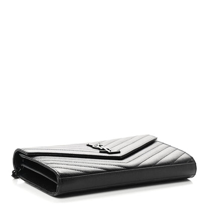 Saint Laurent Grain De Poudre Matelasse Chevron Monogram Chain Wallet Black 4 of 8