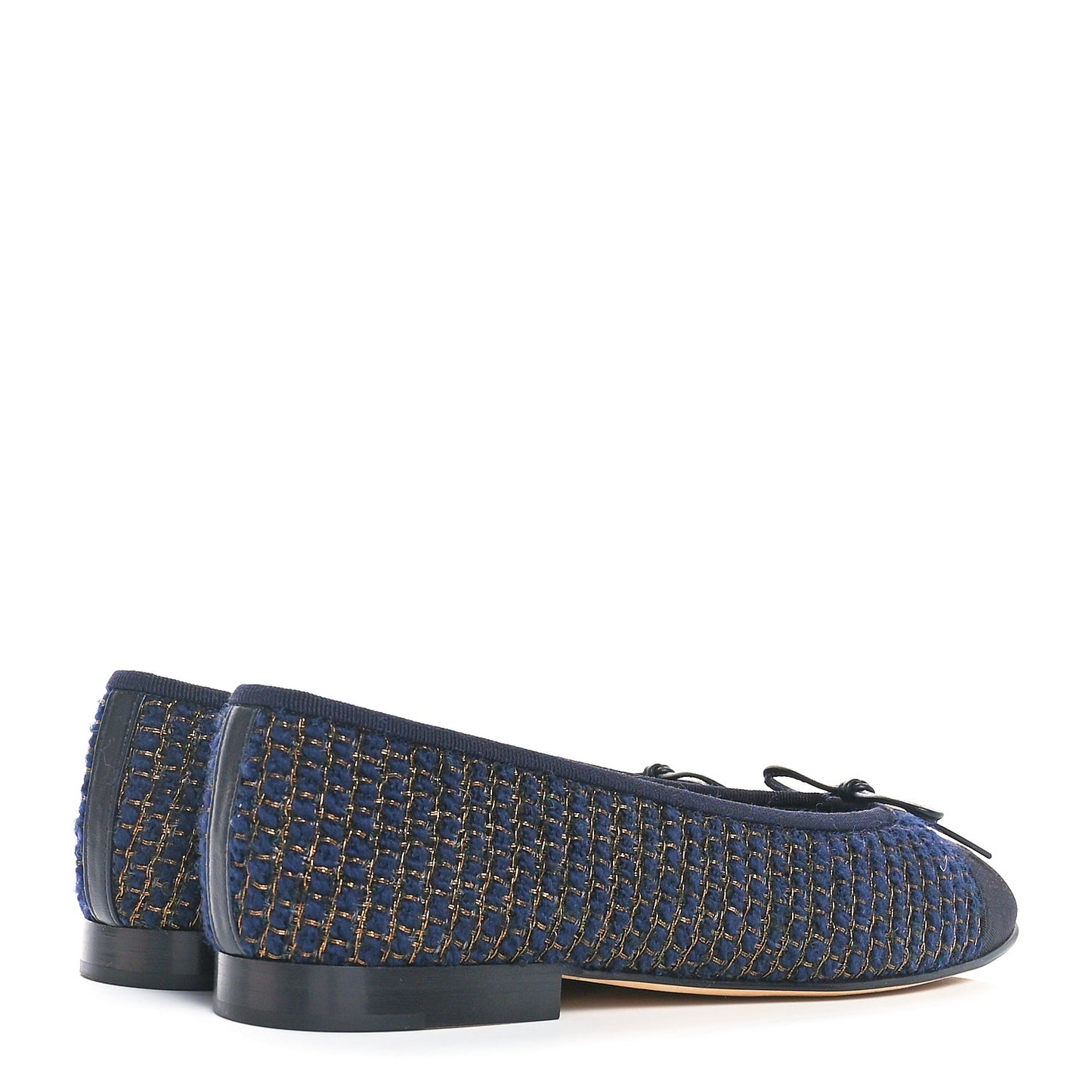 Cotton Tweed Grosgrain Cap Toe Ballerina Flats 37.5 Navy Gold Green