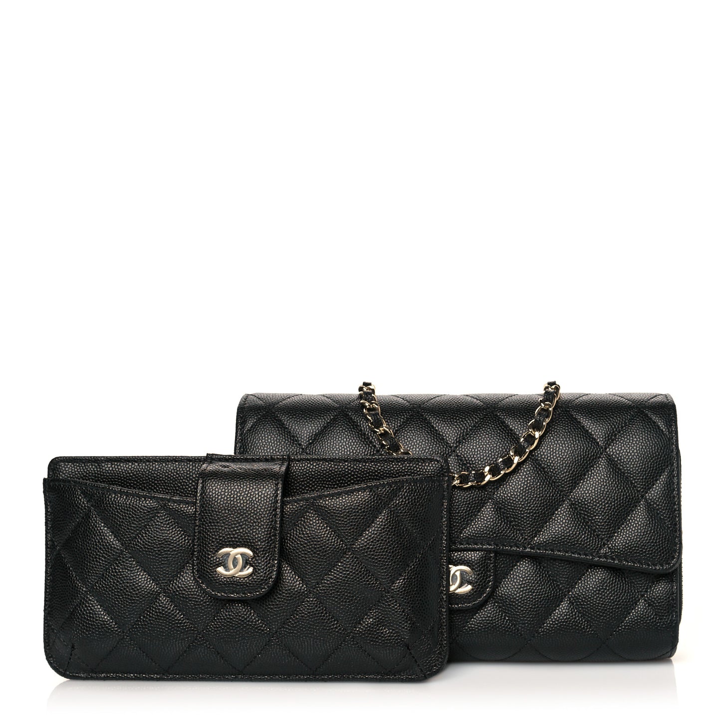 Caviar Quilted Phone Holder Wallet on Removable Chain Black