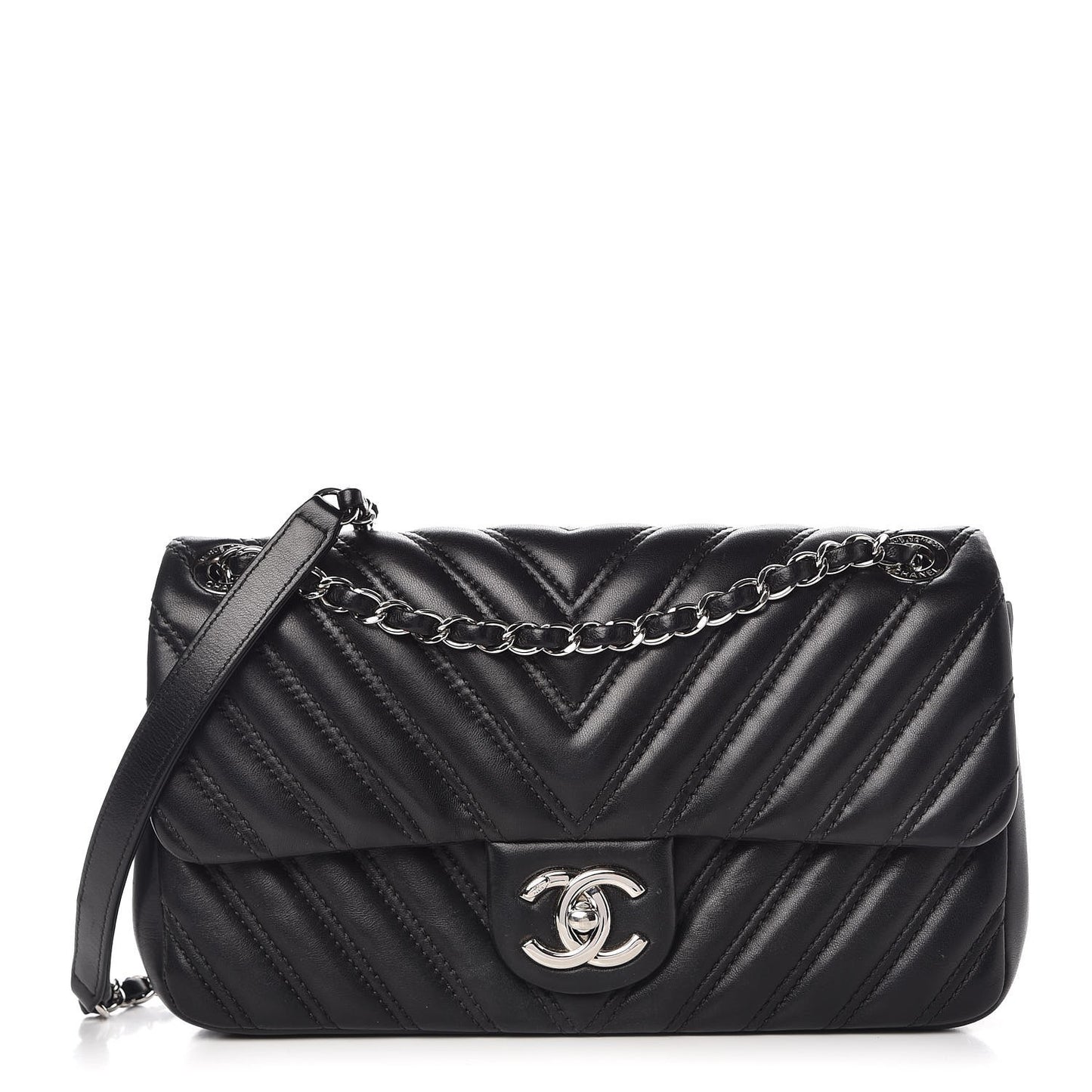 Lambskin Chevron Double Stitch Medium Single Flap Black