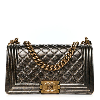 Chanel Metallic Crackled Calfskin Quilted Medium Boy Flap Black Gold 1 of 10