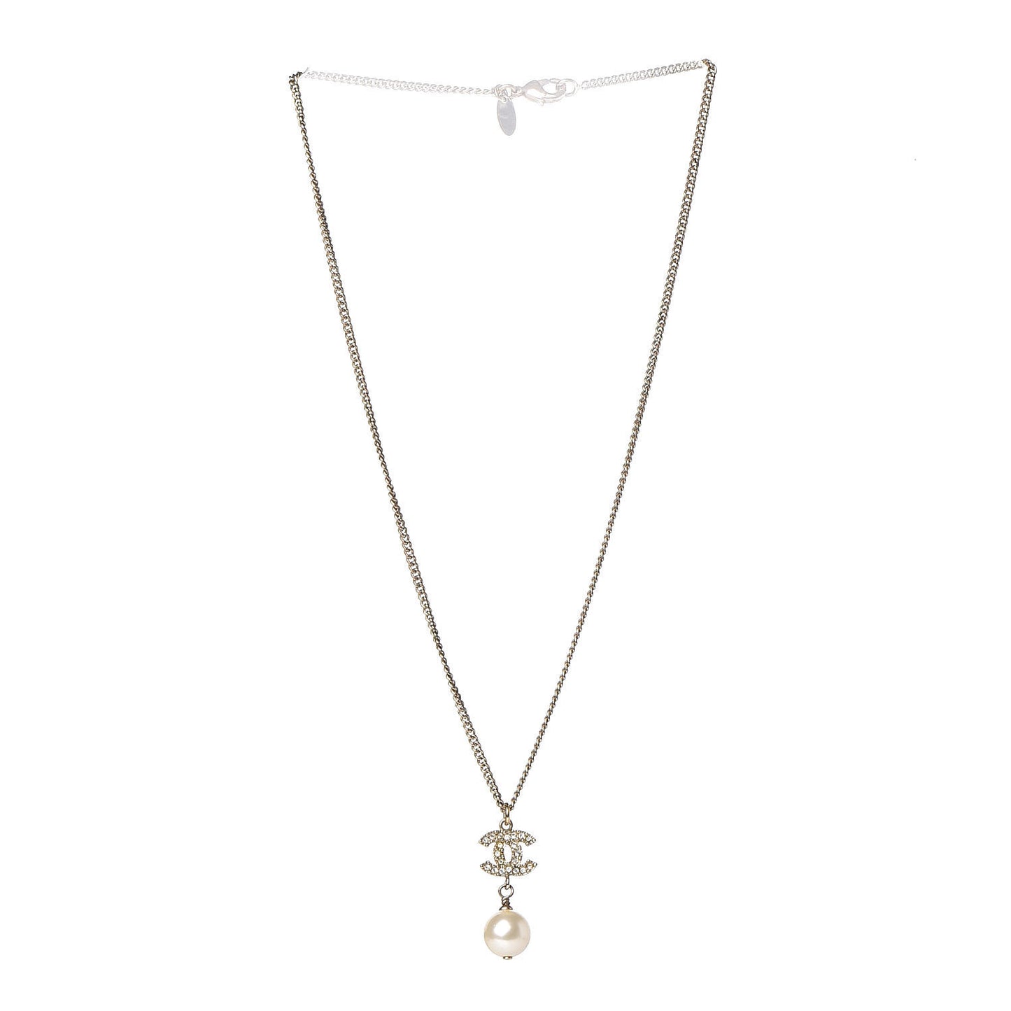 Crystal Pearl CC Drop Necklace Gold