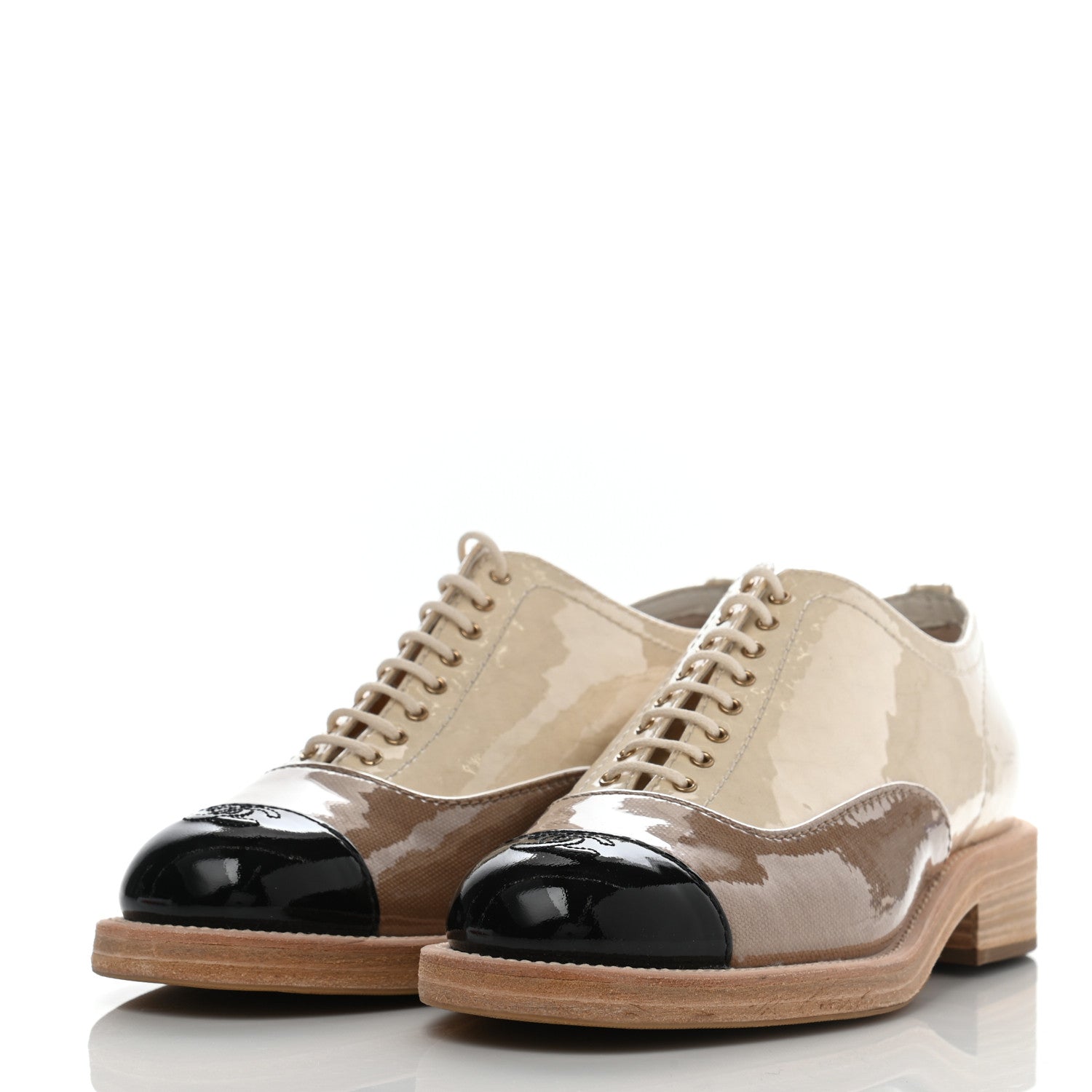 Chanel Calfskin Fabric PVC Lace Up Loafers 40 Beige Black 3 of 9