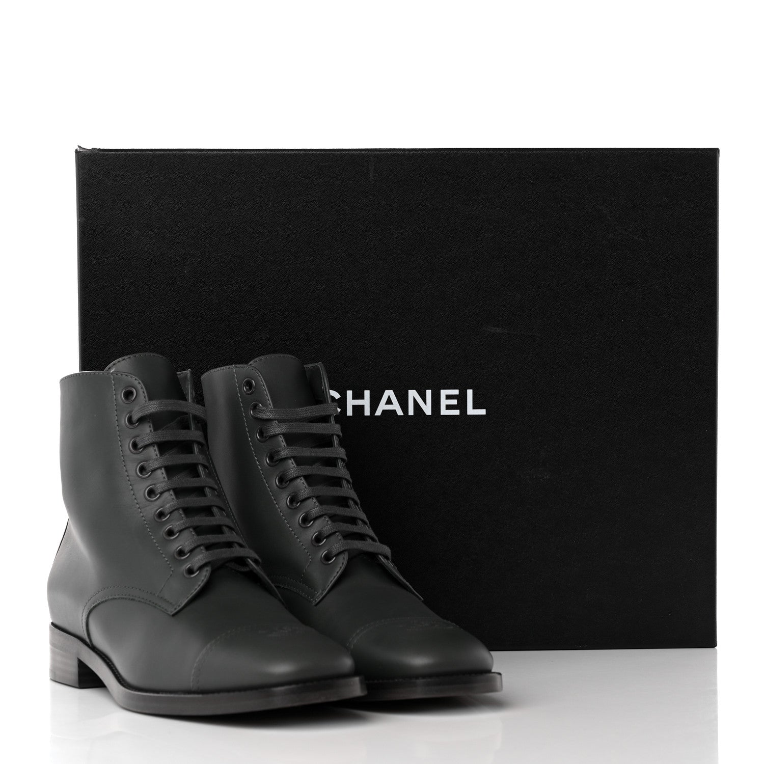 Chanel Calfskin Cap Toe CC Lace Up Boots 39 Dark Grey 14 of 14