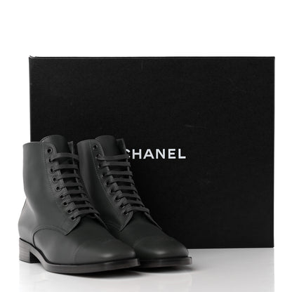 Chanel Calfskin Cap Toe CC Lace Up Boots 39 Dark Grey 14 of 14
