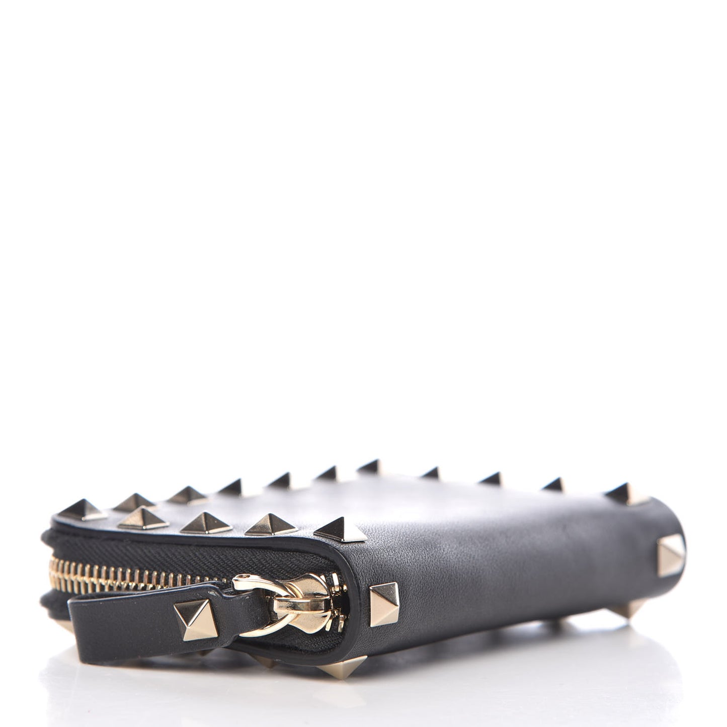 Calfskin Rockstud Zip Around Coin Case Card Holder Black