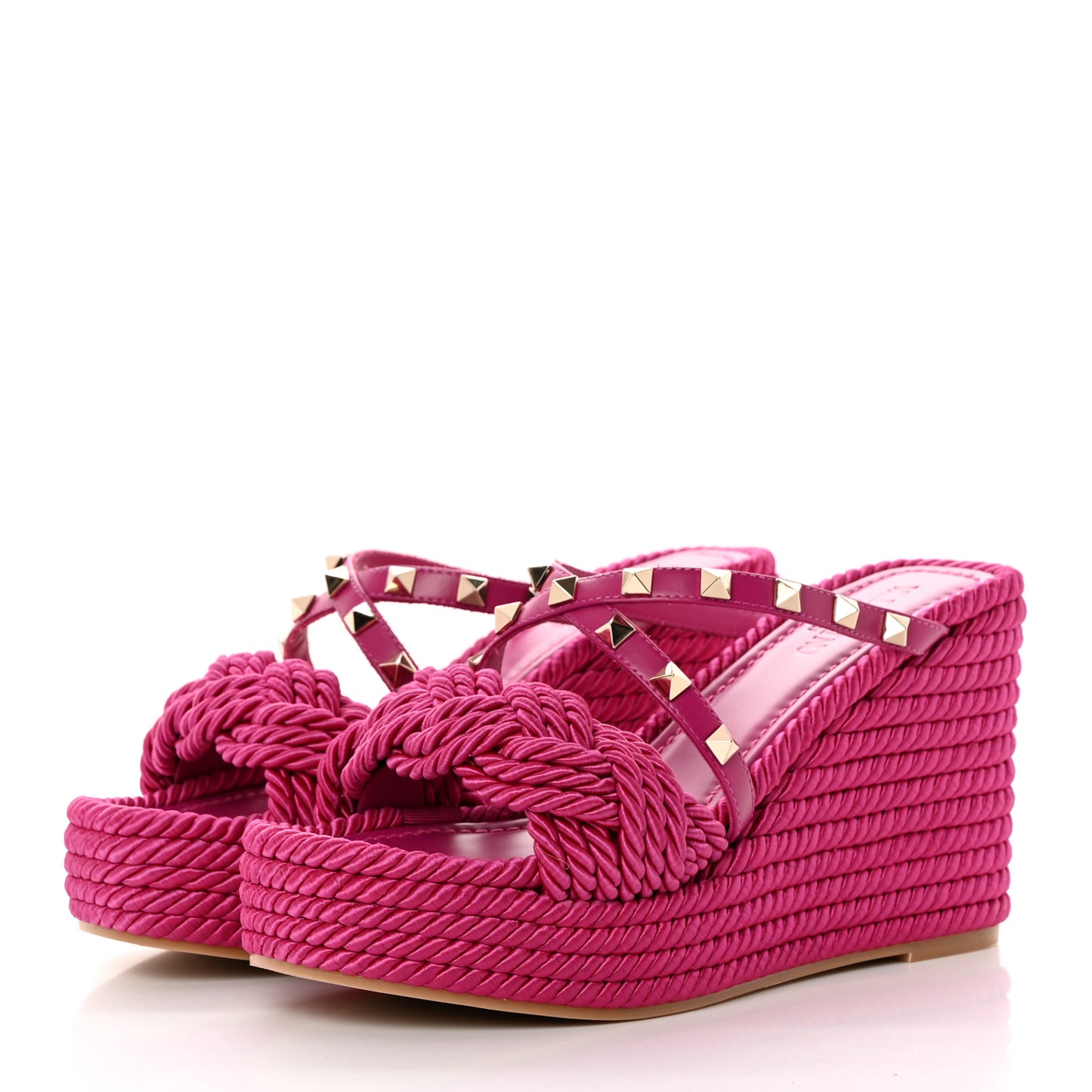 Calfskin Silk Rockstud Torchon Espadrille Wedge 25/95mm Slide Sandals 37 Rose Violet