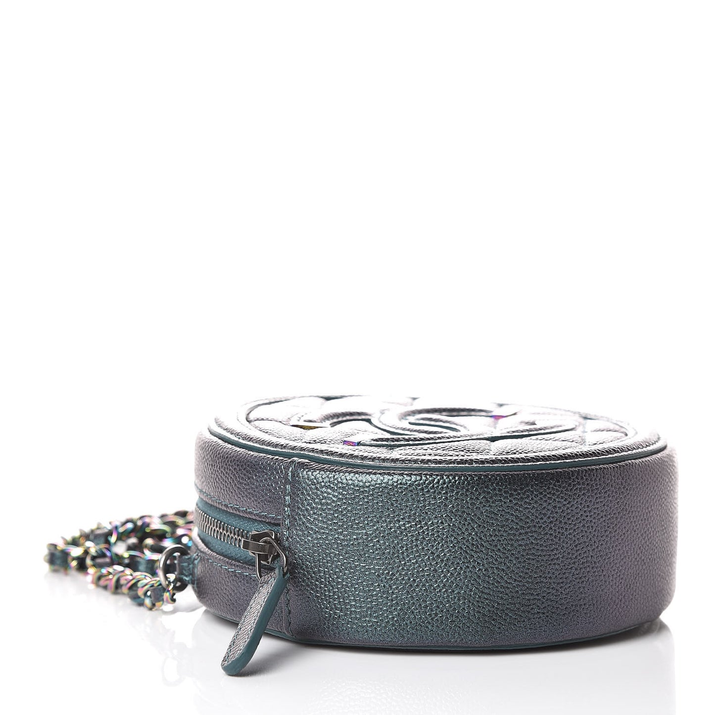 Iridescent Caviar Quilted Round Filigree Crossbody Dark Turquoise