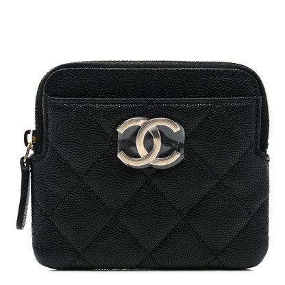 Chanel Caviar Metal Quilted Striated Zip Card Holder Wallet Black 1 of 7