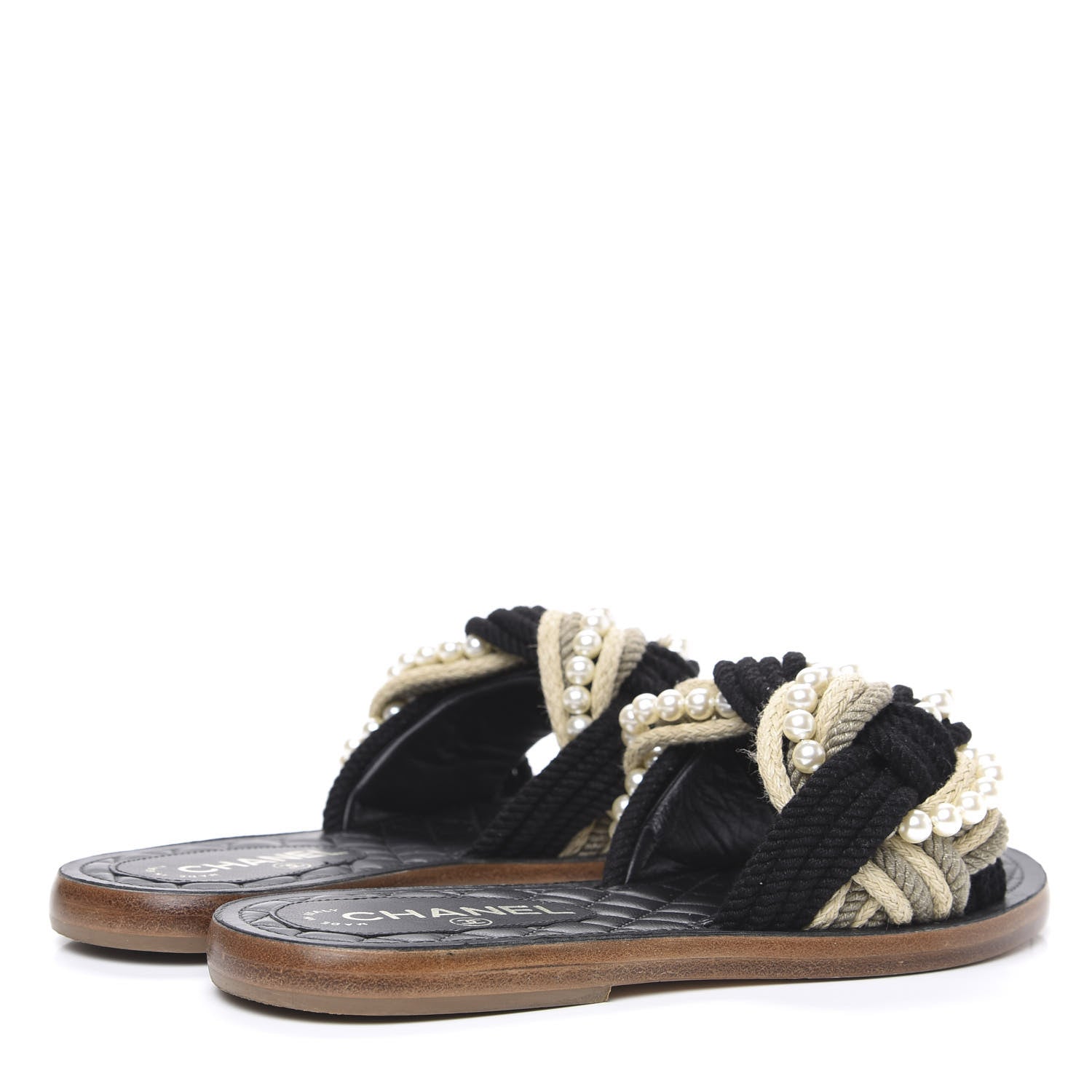 Chanel Lambskin Pearl Cord CC Mules 35 Black Beige 4 of 9