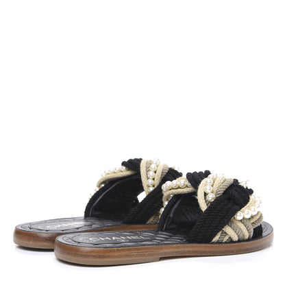 Chanel Lambskin Pearl Cord CC Mules 35 Black Beige 4 of 9