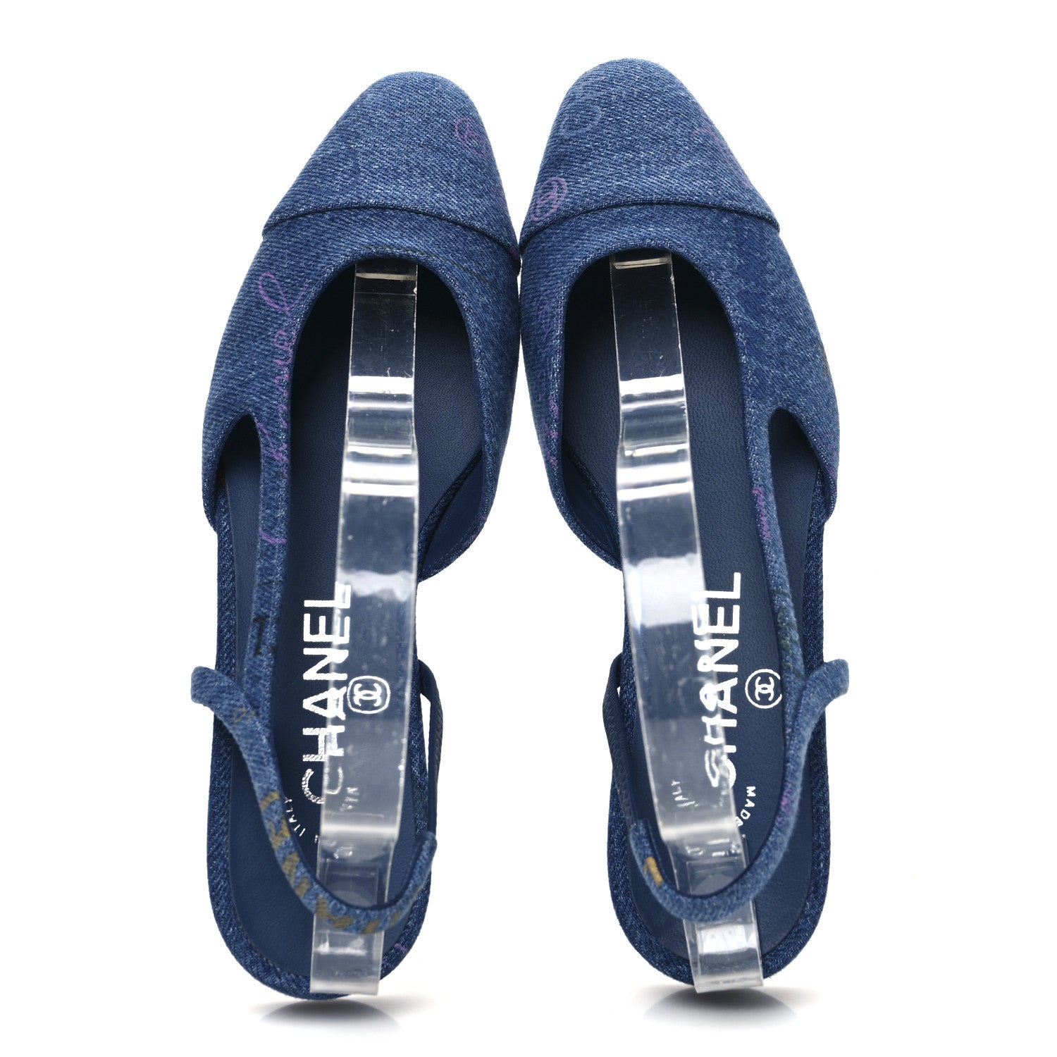 Chanel Denim Printed Mood Cap Toe CC Slingback Pumps 35.5 Light Blue Multicolor 2 of 10