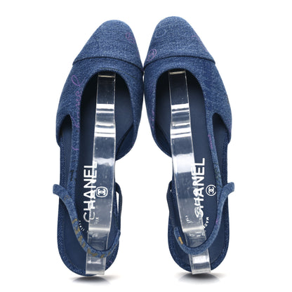 Chanel Denim Printed Mood Cap Toe CC Slingback Pumps 35.5 Light Blue Multicolor 2 of 10