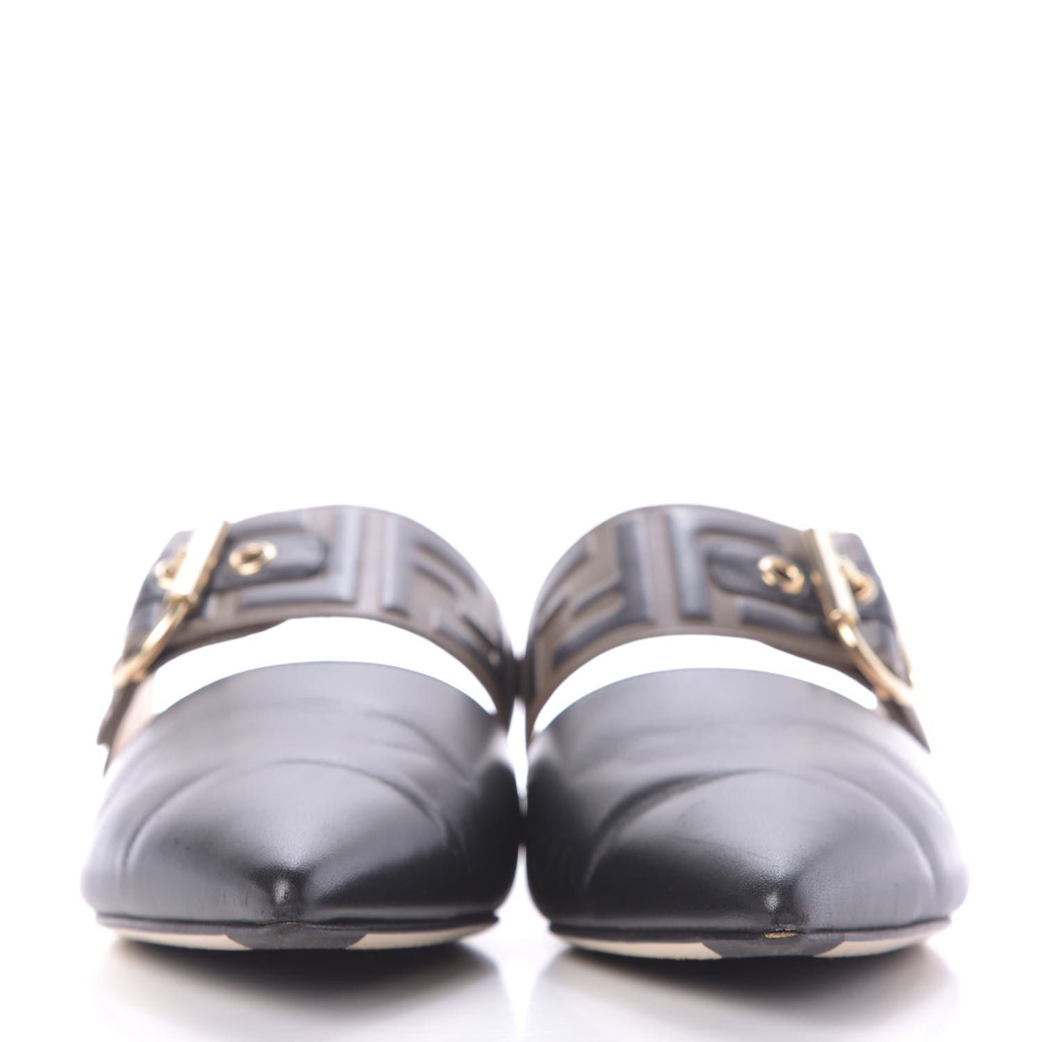 Fendi Vitello FF Embossed Buckle Flat Mules 36 Maya Black 2 of 11