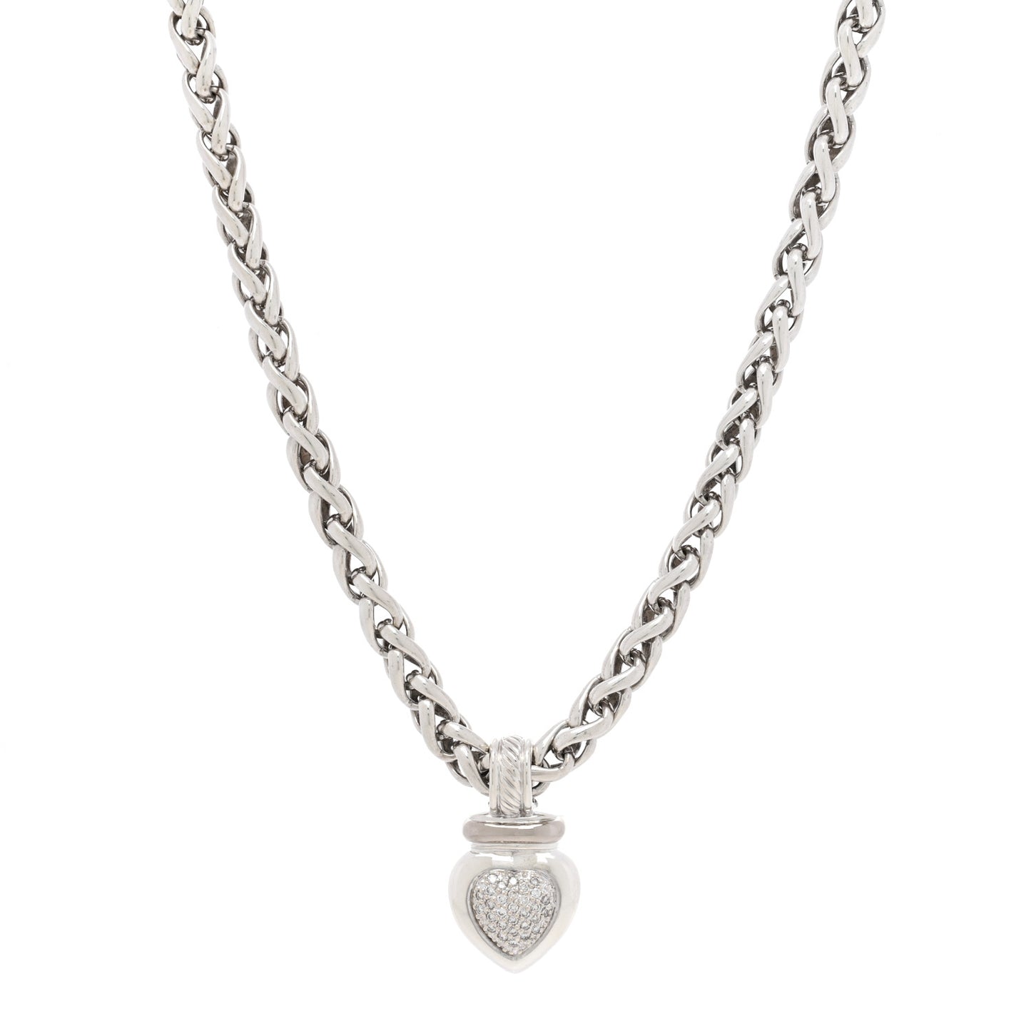 Sterling Silver Pave Diamond Heart Enhancer Pendant 6mm Wheat Chain Necklace
