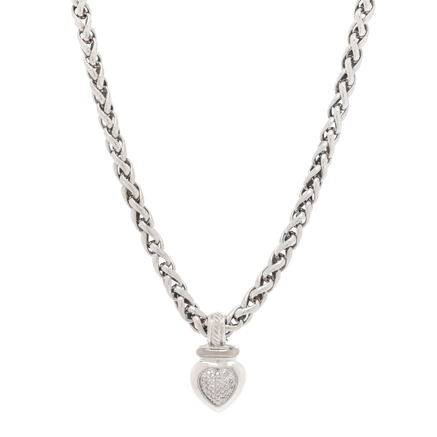David Yurman Sterling Silver Pave Diamond Heart Enhancer Pendant 6mm Wheat Chain Necklace 1 of 5