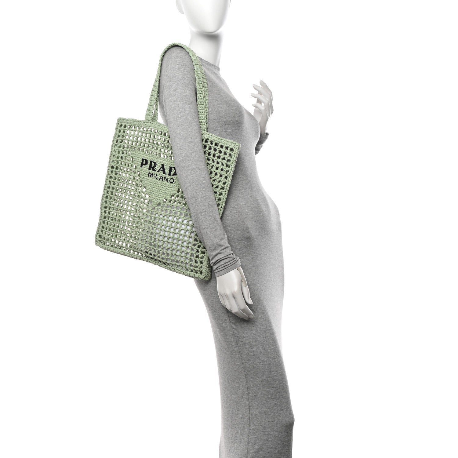 Prada Yarn Raffia Effect Crochet Logo Embroidered Tote Bag Acqua 2 of 10