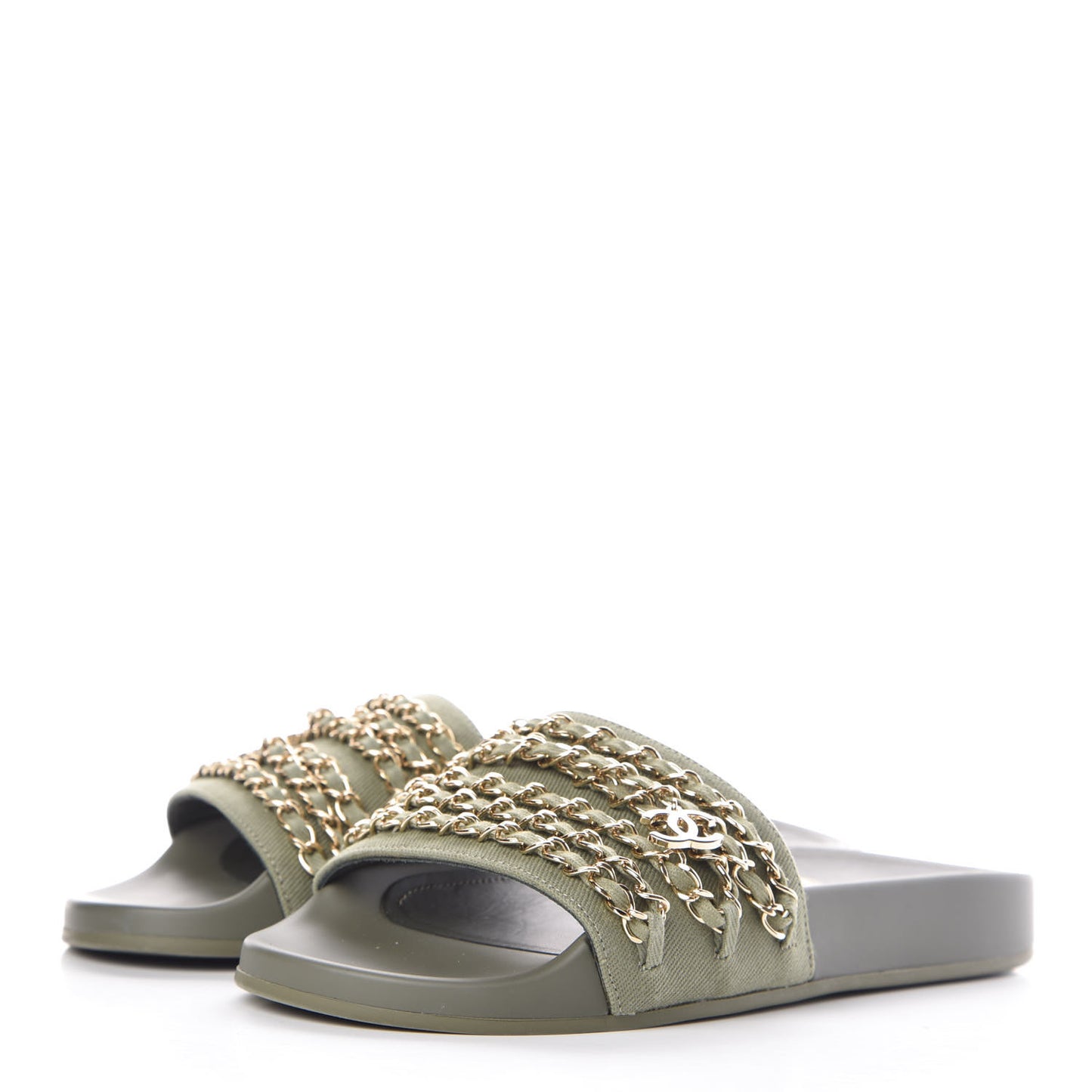 Canvas Chain Flat Sandals 38 Khaki